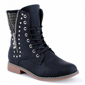 Damen Stiefeletten Stiefel Nieten Reißverschluss Blockabsatz Schnür Biker Boots Schuhe Schwarz EU 39